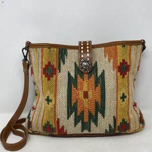 Myra Bag Southwest Textile Leather Silver Medallion Crossbody Bag